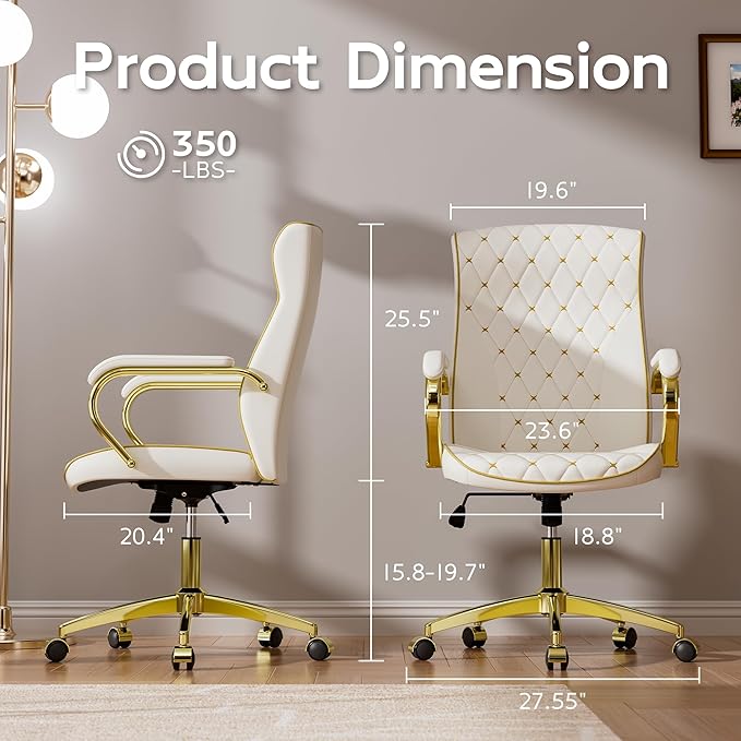 White and Gold Office Chair with Soft Leather Embroidery, Mid Back Vintage Swivel Executive Desk Chair with Wheels and Padded Arms, Adjustable Height-DeskLoop Office