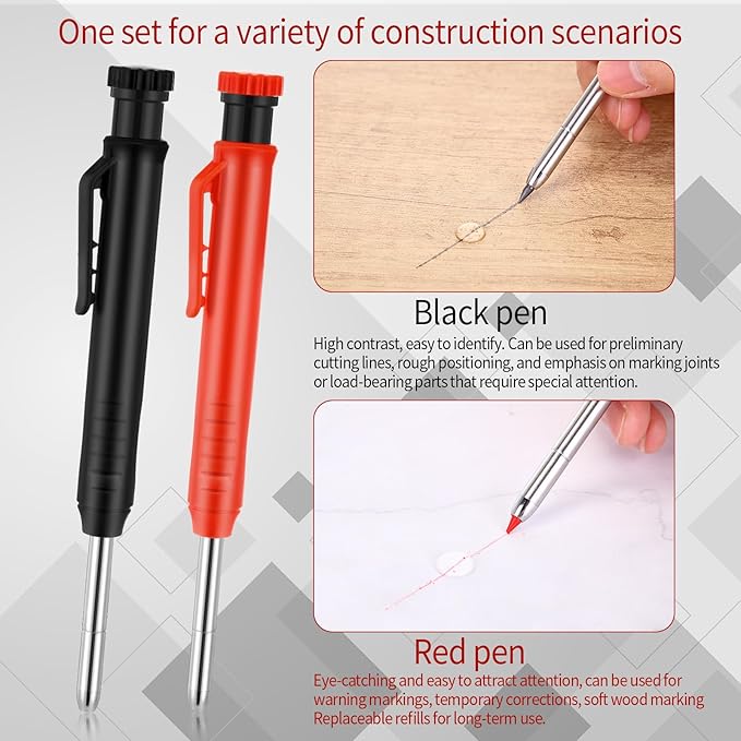 8 pack 2.8mm Mechanical Carpenter Pencils with 48 Refills, Construction Pencils with Built-in Sharpener, Long Nib Deep Hole Marker, Heavy Duty Woodworking Tools (Black+red)-DeskLoop Office