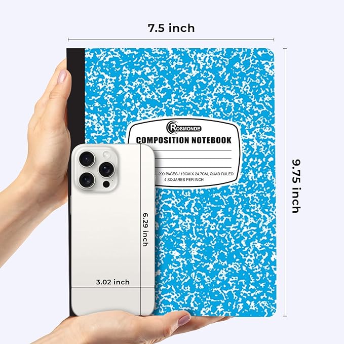 12 Pack Graph Paper Composition Notebook, 200 Pages (100 Sheets), 4x4 Grid, Graph Composition Notebook, Hard Cover Quad Ruled Notebook for Home & School, Bulk Grid Notebooks, Assorted Marble