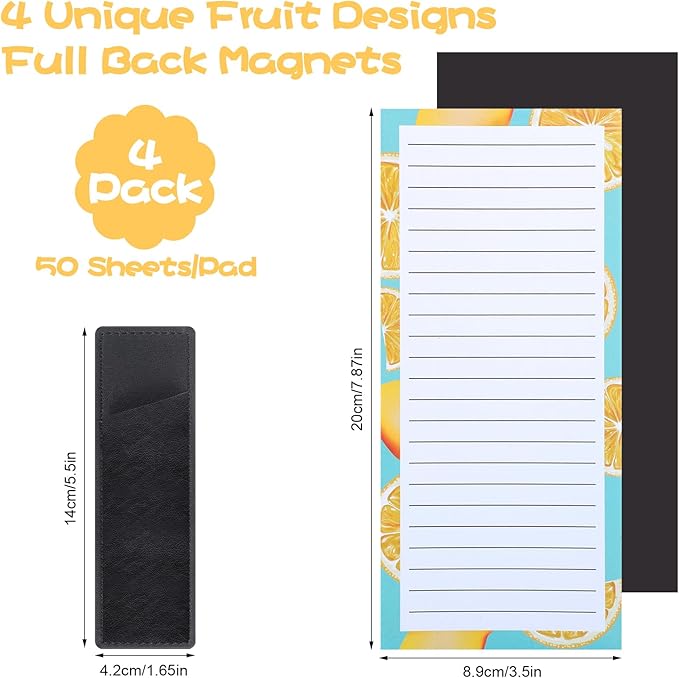 4 Pack Magnetic Note Pad for Fridge with Pen Holder, Totally 200 Sheets Grocery List Magnet Pad for Refrigerator Magnetic Shopping List Pad(Fruit Design)-DeskLoop Office