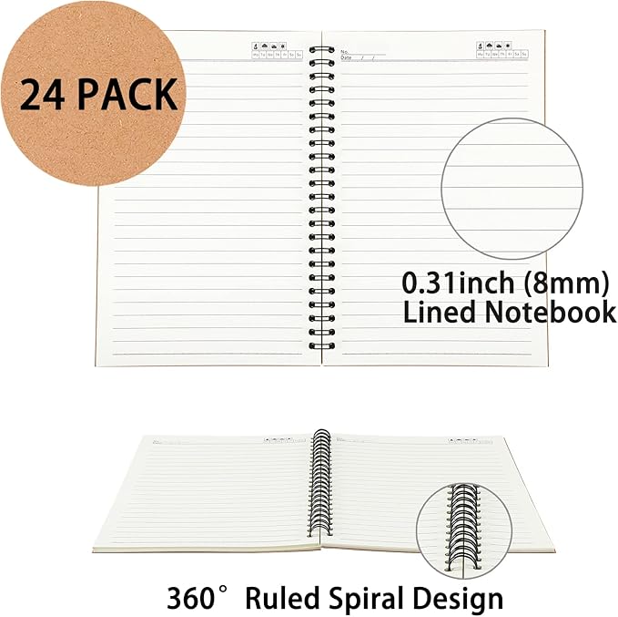 24 Pack A5 Spiral Notebooks Journal with Kraft Cover, 5x8 Inches, Ruled Lined Paper, for Work, Sketches, Study, Notes Taking, Gifts, Brown (24 PCS(Lined))-DeskLoop Office