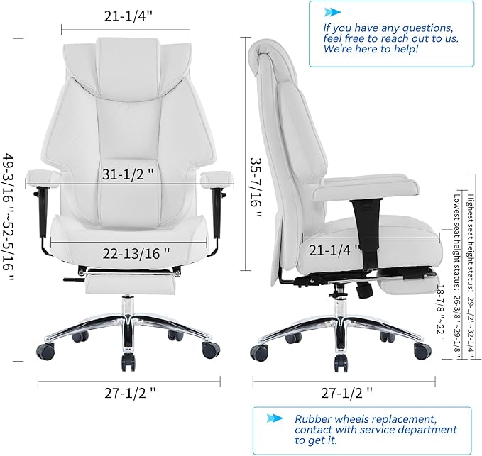 Big and Tall Office Chair with Footrest, PU Leather High Back Executive Office Chair 400lbs, Ergonomic Computer Chairs Lumbar Support for Heavy People (White)-DeskLoop Office