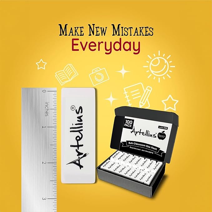 Artellius White Erasers - Large Size Latex & Smudge Free - Bulk School Supplies for Classrooms, Drawing, Teachers, Homeschool, Office, Art Class - Pack of 100 - Teacher Supplies-DeskLoop Office