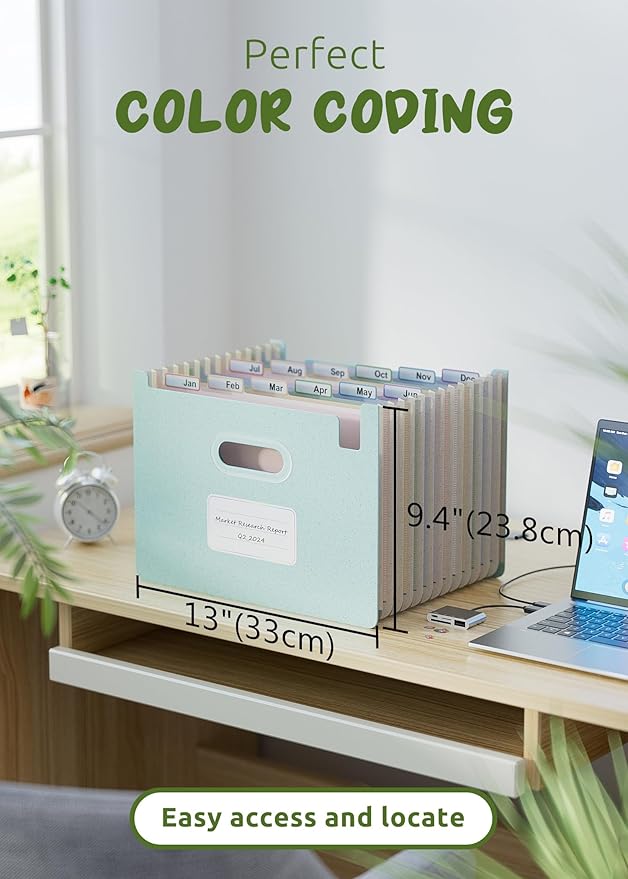 Accordion File Organizer, 12 Pockets Wheat Straw Expanding File Folders, Upright & Open Top, Monthly Bill Receipt Organizer, 100% BPA Free, Return to Nature, Healthy Living, Letter/A4 Size-Sky Blue-DeskLoop Office