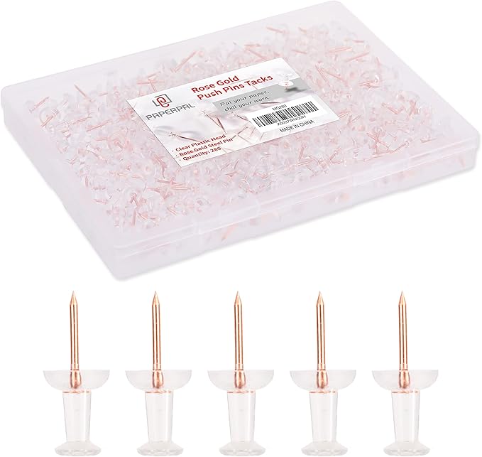 PAPERPAL 280 Rose Gold Push Pins for Cork Board, Clear Thumb Tacks for Wall Hangings, Pushpins for Office School & Personal Use, Standard Size Push Pin Tacks-DeskLoop Office