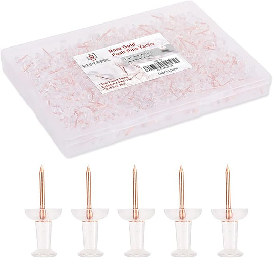 PAPERPAL 280 Rose Gold Push Pins for Cork Board, Clear Thumb Tacks for Wall Hangings, Pushpins for Office School & Personal Use, Standard Size Push Pin Tacks-DeskLoop Office