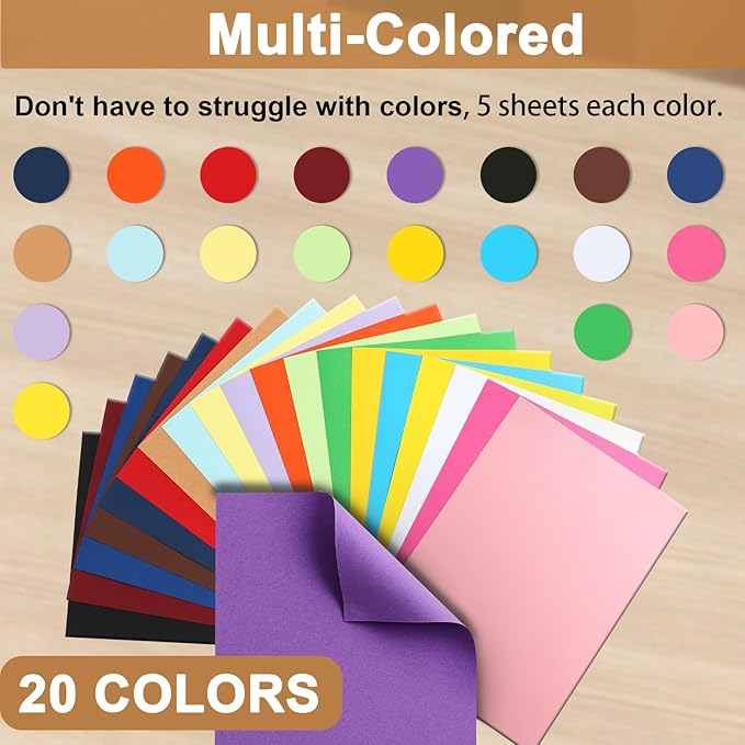 100 Sheets 20 Assorted Colors Cardstock Scrapbooking Paper, 92lb Heavyweight Card Stock A4 Colored Paper for Birthday Decorations, Cards Making, Greeting Cards, Wedding Invitations-DeskLoop Office