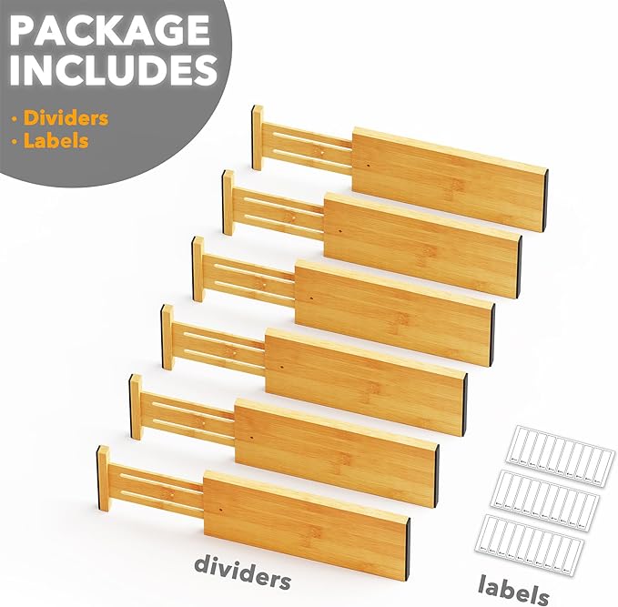 SpaceAid Bamboo Dresser Drawer Dividers 6 Pack, 4.65“ High Adjustable 12.5“-17” Drawer Organizers, Expandable Organization for Clothing, Clothes, Dressers, Natural-DeskLoop Office