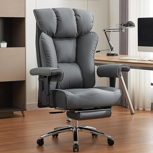 Efomao Big and Tall Office Chair 450LBS with Foot Rest, High Back PU Leather Executive Chair with Adjustable Padded Armrests, Lumbar Support for Home or Work, Heavy Duty Computer Chair, Grey-DeskLoop Office
