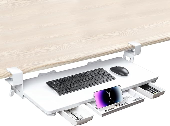 Keyboard Tray Under Desk with Drawer,26.77" X 11.81"Large Size Keyboard Tray with C Clamp-on Mount, Easy to Install, for Home Office (White)-DeskLoop Office
