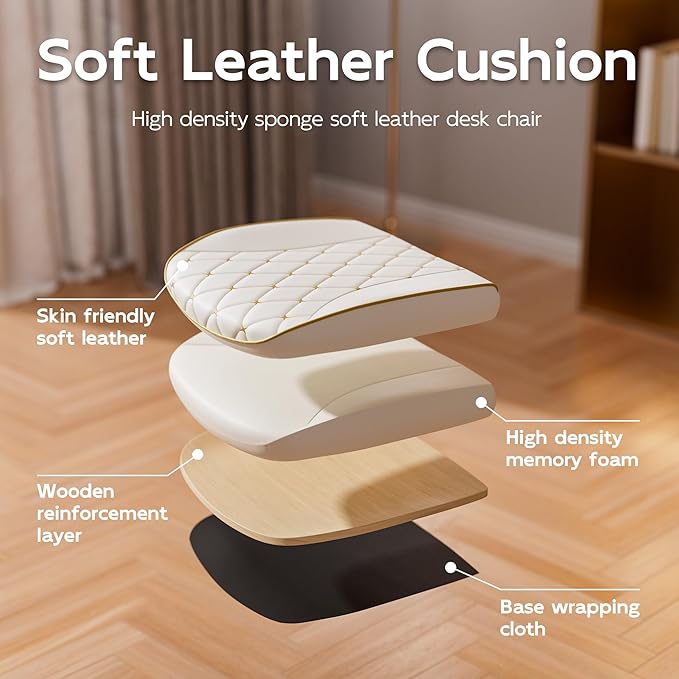 White and Gold Office Chair with Soft Leather Embroidery, Mid Back Vintage Swivel Executive Desk Chair with Wheels and Padded Arms, Adjustable Height-DeskLoop Office