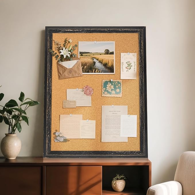 Cork Board Bulletin Board, 30" x 20" Corkboard for Wall, Rustic Black Wooden Frame, Decorative Hanging Pin Board for Home Office Room Decor, 10 Push Pins-DeskLoop Office