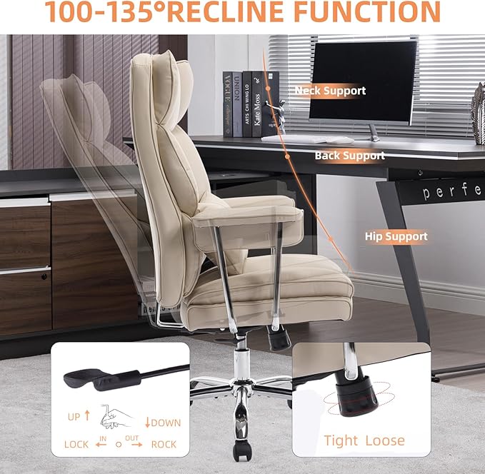 Big and Tall Office Chair 500lbs Wide Seat Executive Office Desk Chair High-Back Office Task Chair, Ergonomic Lumbar Support Computer Office Chairs for Heavy People(Beige)-DeskLoop Office