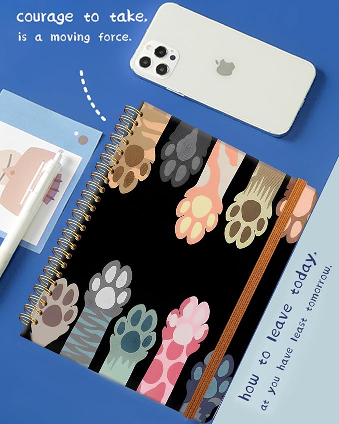 Ruled Spiral Writing Notebook,A5 Hardcover Lined College Journal for Women Lady,Fashion Puppy Watercolor Strong Twin-Wire Binding with Premium Paper,8.4" X 6",Perfect for School,Office,Home Gifts(Cat Animals Paws)-DeskLoop Office