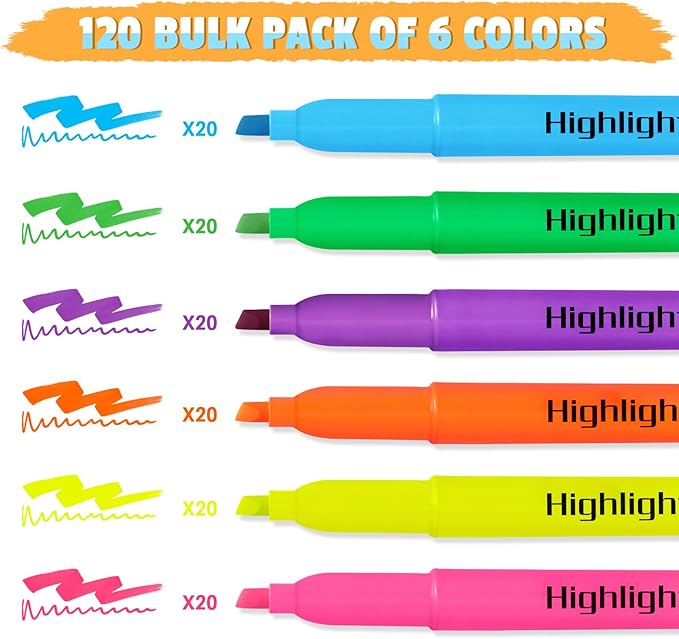 Aigybobo 120 Pack Highlighters in 6 Assorted Colors, Chisel Tip Dry-Quickly Highlighters Bulk, No Bleed Highlighter Markers for Kids Adults, Classroom Teachers Must Haves, School Office Supplies-DeskLoop Office