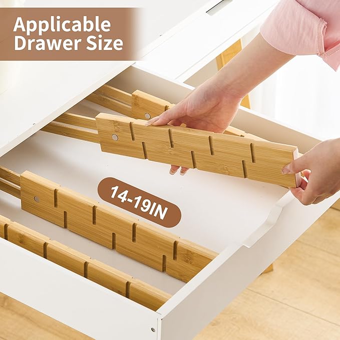 FILWH Bamboo Drawer Dividers with Inserts kitchen drawer organizer Adjustable Expandable 8 Pack Organizer Set for Kitchen Bedroom Bathroom Office 8 Dividers with 16 Inserts (Natural, Small (14-19IN))-DeskLoop Office