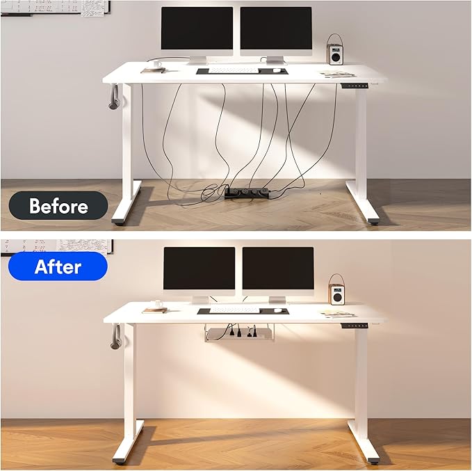 FLEXISPOT EN2 Whole-Piece Standing Desk with Clamp Power Strip, 55 x 28 Electric Stand Up Height Adjustable Desk with Cable Management (White Frame + 55" White Top,2 Packages)-DeskLoop Office