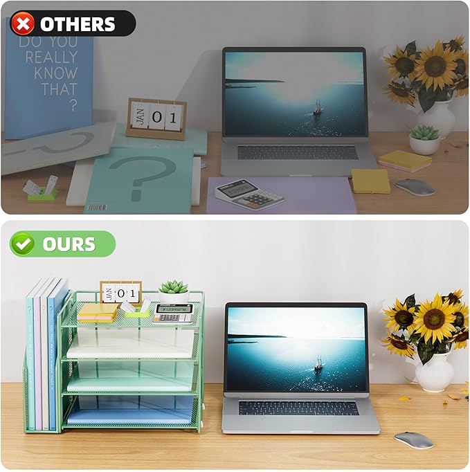 Marbrasse Desk Organizer and Accessories,4-Tier Paper Letter Tray Organizer with File Holder,Desk Accessories & Workspace Desktop Organizers for School Home Office Supplies (Green)-DeskLoop Office