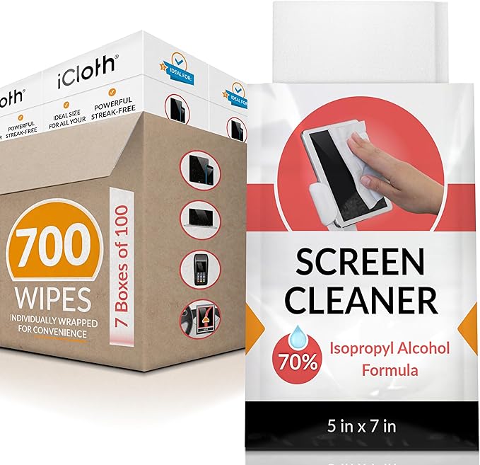 iCloth 70% Isopropyl Alcohol Large Screen and Electronics Wipes, Lint-Free, Streak-Free, Fast-Drying, Removes Dust and Fingerprints (700 Wipes)-DeskLoop Office
