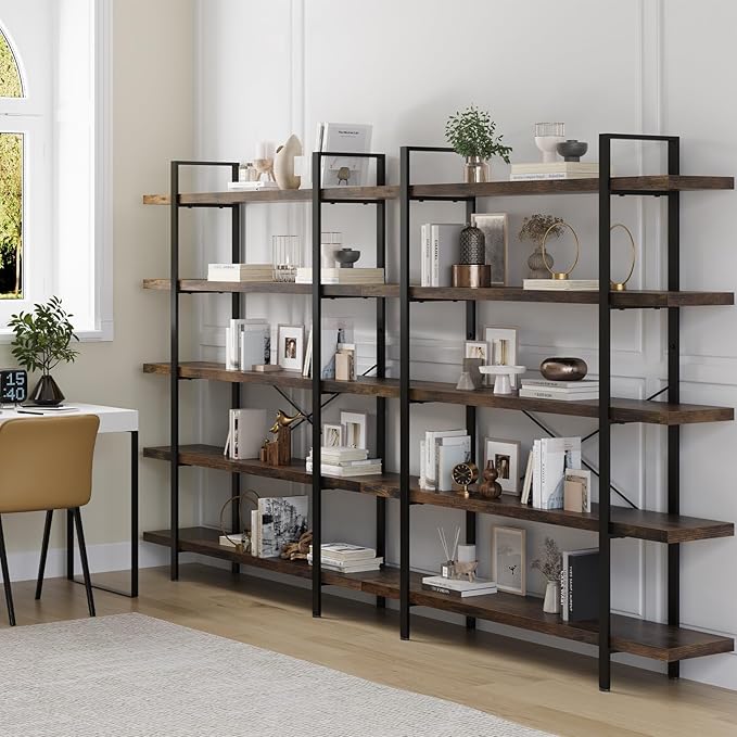 Heavy Duty 5-Tier Industrial Bookcase, 47" Wide Wood Bookshelf for Home Office, 120lbs Shelf Capacity, Rustic Open Shelving Display with Reinforced Horizontal Shelf for Living Room Bedroom-DeskLoop Office