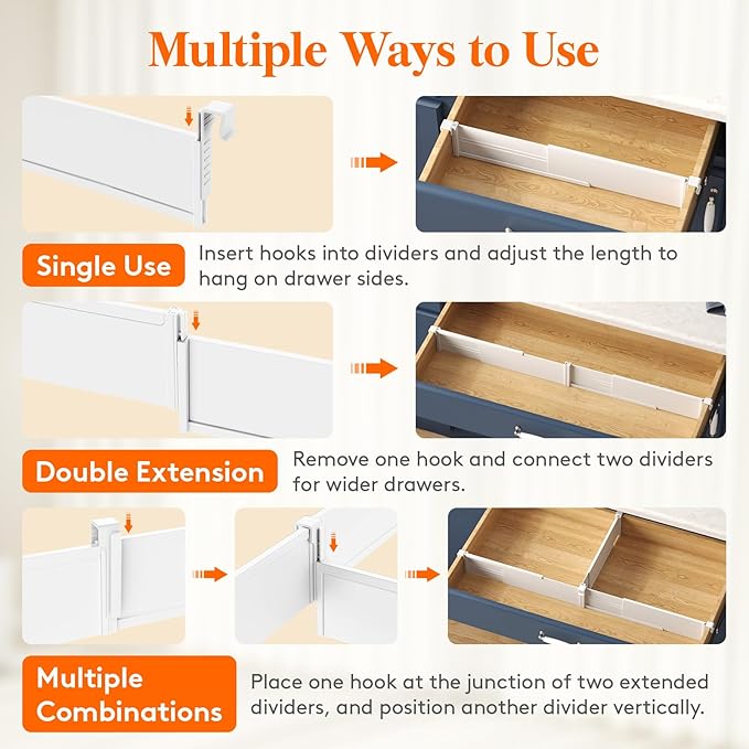 Lifewit Hanging Kitchen Drawer Dividers 3.1" High, 10-17" Adjustable Drawer Organizers for Utensils, Expandable Dresser Separators in Kitchen/Bedroom/Bathroom/Vanity/Office, White(6 Pack)-DeskLoop Office