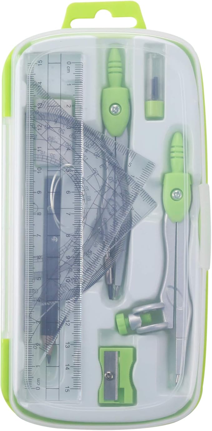 Math Geometry Kit Sets 10 Piece Student Supplies with Shatterproof Storage Box,Includes Rulers,Protractor,Compass,Eraser,Pencil Sharpener,Lead Refills,Pencil,for Drafting and Drawings(Green)-DeskLoop Office