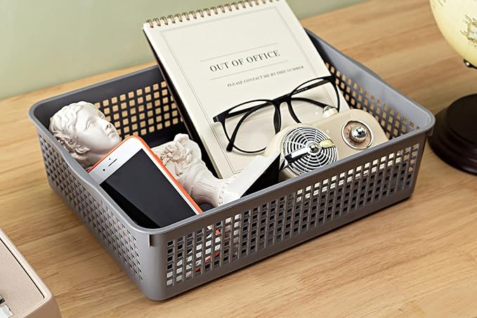 A4 Size Plastic Storage Basket,Desktop File Paper Letter Organizer Tray, 6-Packs (White+Grey)-DeskLoop Office