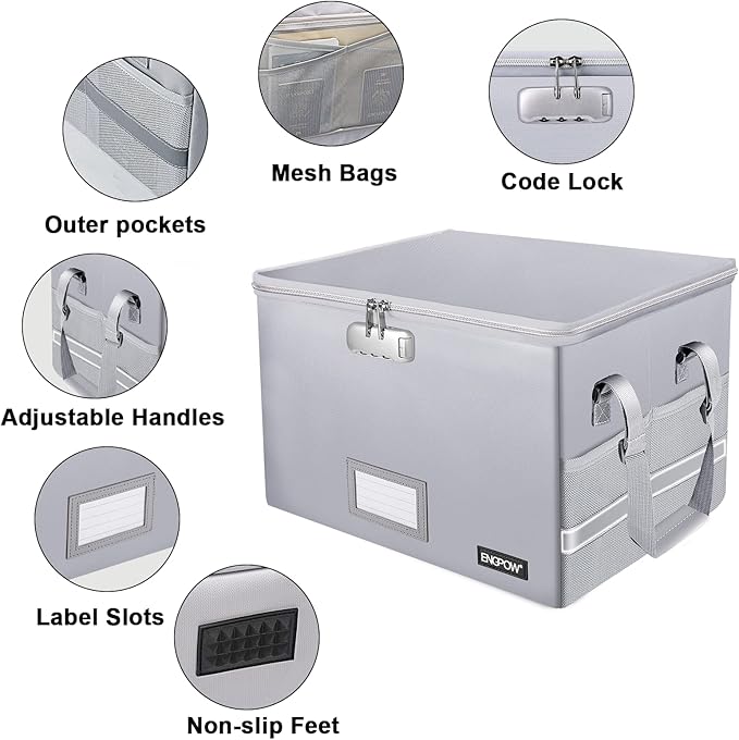 ENGPOW File Box with Lock, Fireproof Document Box with Pockets, Collapsible File Organizer Filing Storage Cabinet with Handle, Portable Home Office Safe for Hanging Letter/Legal Folders,Silver,2 Pack-DeskLoop Office