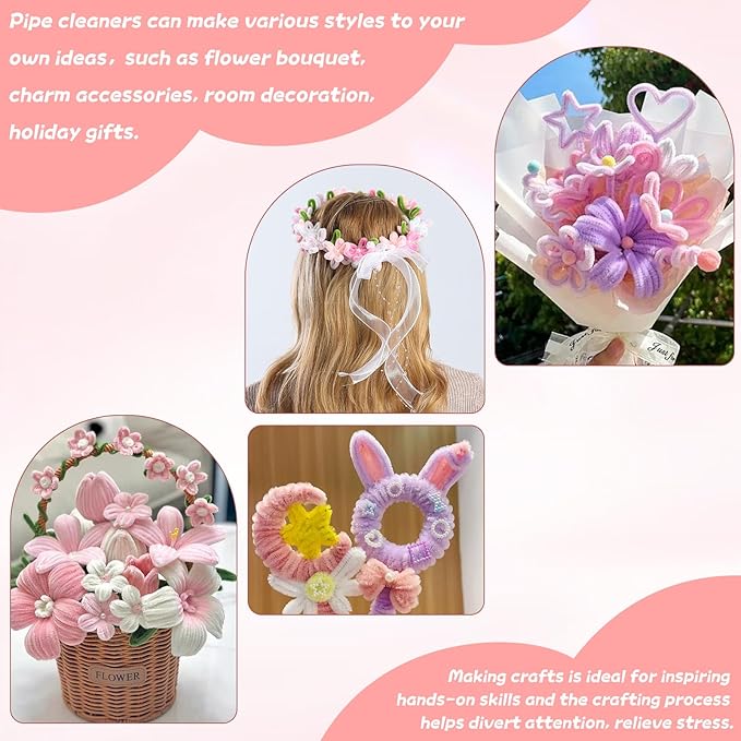 400 Pcs Craft Pipe Cleaners Flowers,4 Colors Chenille Stems Bulk with Floral Wires,Tape,Greeting Card,Bouquet Paper,Hot Glue Stick,Stamen & Ribbon, Holiday Gifts for Women,Men,Teens,Elder-DeskLoop Office