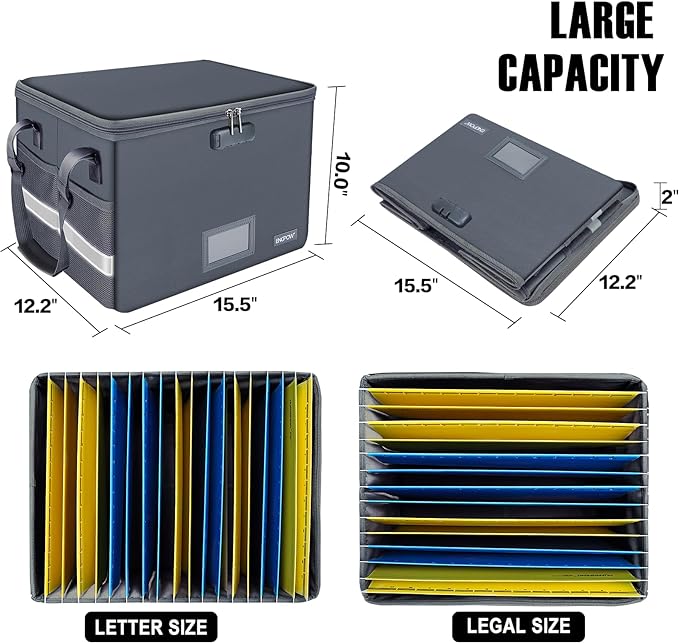 ENGPOW File Box with Lock, Fireproof Document Box with Zipper Lid, Collapsible File Organizer Storage Filing Cabinet with Handle, Portable Home Office Safe for Hanging Letter/Legal Folders, Grey-DeskLoop Office