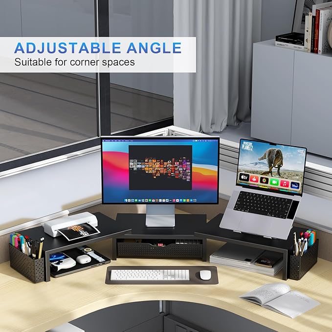 gianotter Dual Monitor Stand Riser, Desk Organizer With Drawer and 2 Pen Holders, Computer Monitor Stand, Desk Shelf for Top of Desk, Balck-DeskLoop Office