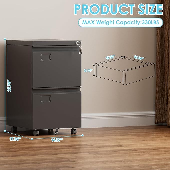 Aobabo 2 Drawer File Cabinet, Lockable Metal Filing Cabinet with Wheels for Home Office, Legal/Letter Size, Required Assembled,Black-DeskLoop Office