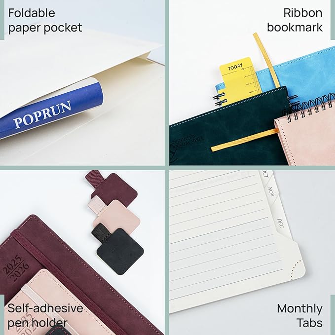 POPRUN Planner 2025-2026 Weekly Notebook (Medium 6.5''x 8.5'') Academic Calendar (JUL.25 - JUN.26) Appointment Book with Monthly Tabs, Leather Soft Cover, Inner Pocket, 100 GSM - Petrol Green-DeskLoop Office