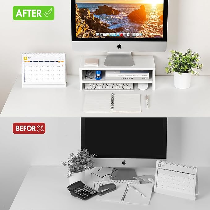 BEYGORM White Monitor Stand Riser for Desk,2 Tiers Wood Desk Shelf Computer Screen Stand with Storage for Desktop Laptop/Screen/TV/PC/Printer,Multifunctional Desktop Organizer 16.5 x 7.8 x 5.2 inch-DeskLoop Office