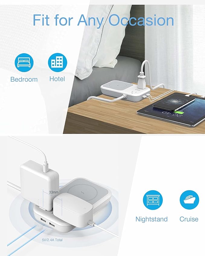 Wireless Charger Small Power Strip 2 USB A Ports, TESSAN Mini Flat Plug Nightstand Desktop Charging Station with 2 Outlet 4 ft Extension Cord, Compatible with iPhone and Samsung for Dorm Room Cruise