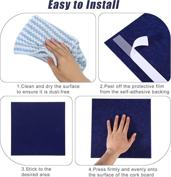 Large Cork Board 36" x 24", 6 Pack Felt Wall Tiles with Colored Pushpins, Bulletin Board with Removable Self-Adhesive Strips, Pin Board Cork Boards for Walls Office Home-Dark Blue-DeskLoop Office