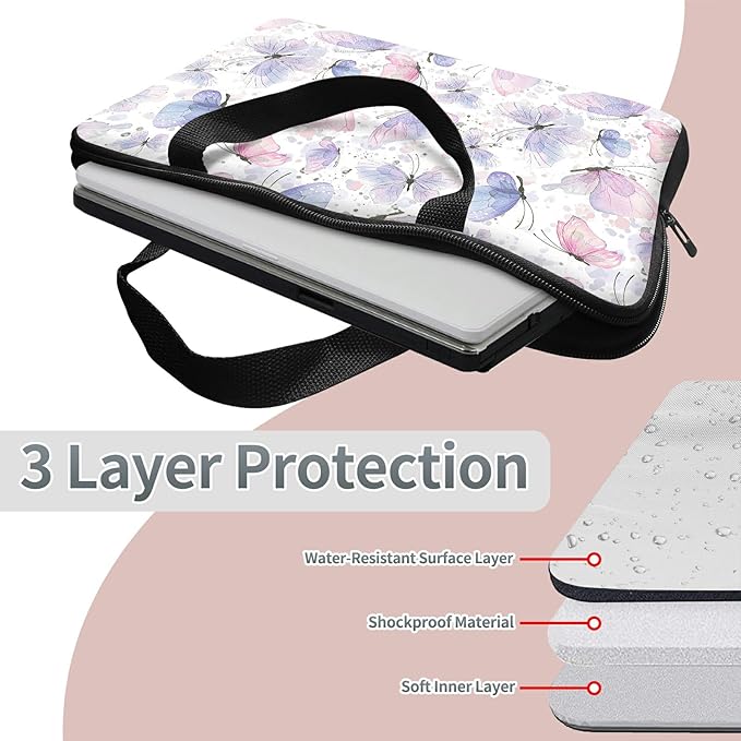 Laptop Sleeve Case Bag 15 inch, Pink Purple Butterfly Slim Carrying Case Durable Handbag Travel Laptop Bag for 15 inch MacBook Air M3/M2/15 Pro/Surface Laptop 7/6/5/4/3/ Dell XPS 15 Plus