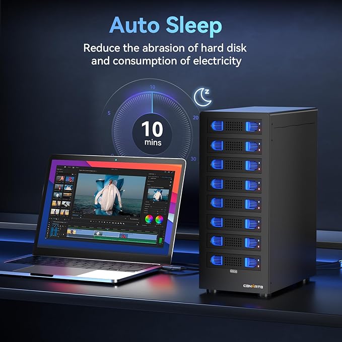 8 Bay Hard Drive Enclosure with Cooling Fan for 2.5/3.5" SATA HDD/SSD with USB A/C 3.0 Cable, 3.5 Hard Drive Enclosure Supports 160TB Capacity, Tool-Free HDD Enclosure, DAS(NO RAID/NAS)-DeskLoop Office