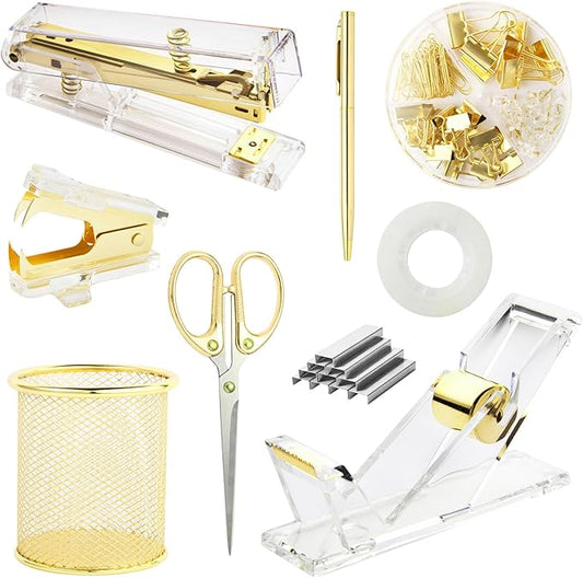 Gold Desk Accessories, Office Supplies Set with Acrylic Stapler, Tape Dispenser, Staple Remover, Pen Holder, Scissor, Binder Paper Clips, 1 Ballpoint Pen, 1 Clear Tape and 1000pcs Staples-DeskLoop Office