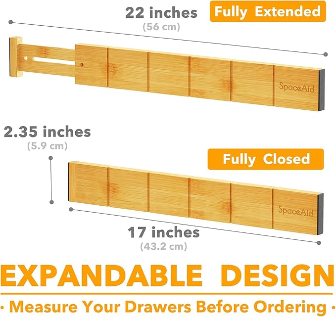 SpaceAid Bamboo Drawer Dividers with Inserts and Labels, Kitchen Adjustable Drawer Organizers, Expandable Organization for Home, Office, Dressers, 10 Dividers with 24 Inserts (17"-22" Natural)-DeskLoop Office