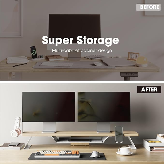 Fenge Dual Monitor Stand, 42.5 Inch Monitor Riser for Desk, Wood Desk Shelf for 2 Monitors, 2 Tier Monitor Shelf with Headphone Stand & Phone Holder-DeskLoop Office