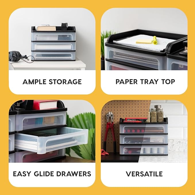 IRIS USA Plastic Desk Top 3-Drawer Storage Organizer with Paper Tray Top, 1-Pack, for Makeup Vanity Nail Polish Bathroom Stationery Art Craft Supplies Kitchen Office Garage Organization, Medium, Black-DeskLoop Office