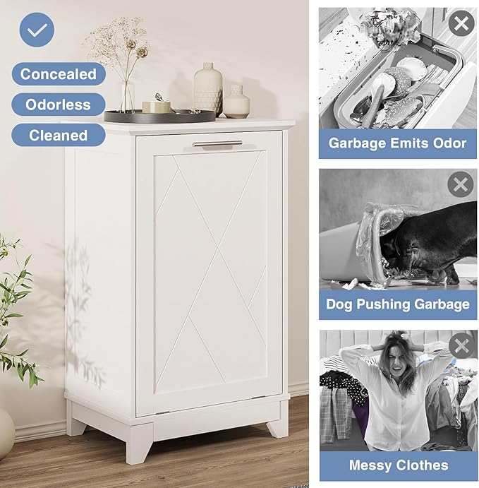 Tilt Out Trash Cabinet, Kitchen Trash Can Cabinet w/Negative ion and deodorizing Function, Dog Proof 20 Gallon Garbage Can Cabinet for Kitchen, Bathroom, Living Room, White-DeskLoop Office