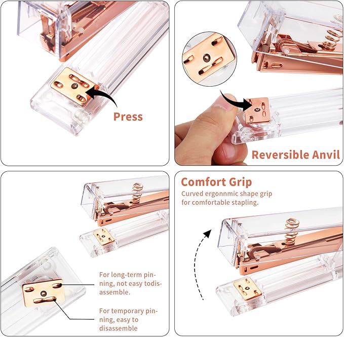 Rose Gold Desk Accessories, Office Supplies Set with Acrylic Stapler, Tape Dispenser, Staple Remover, Pen Holder, Scissor, Binder Paper Clips, 1 Ballpoint Pen, 1 Clear Tape and 1000pcs Staples-DeskLoop Office