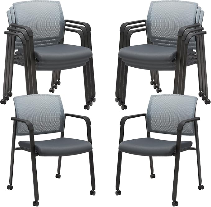 CLATINA Mesh Back Stacking Arm Chairs with Upholstered Fabric Seat and Ergonomic Lumbar Support for Office School Church Guest Reception (WithWheels Gray- 8 Pack)-DeskLoop Office