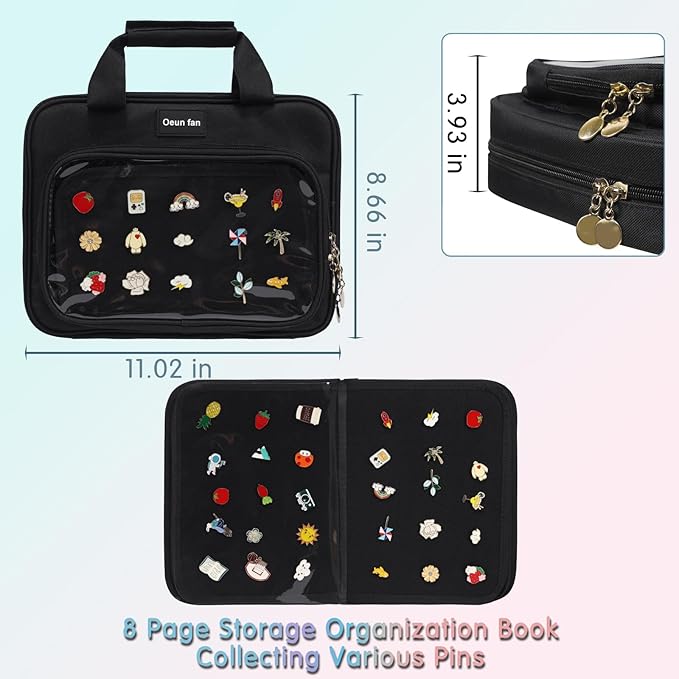 Enamel pin display bag, 8-page pin trading book, collectible pin board, suitable for storing pins, brooches, patches (black)-DeskLoop Office