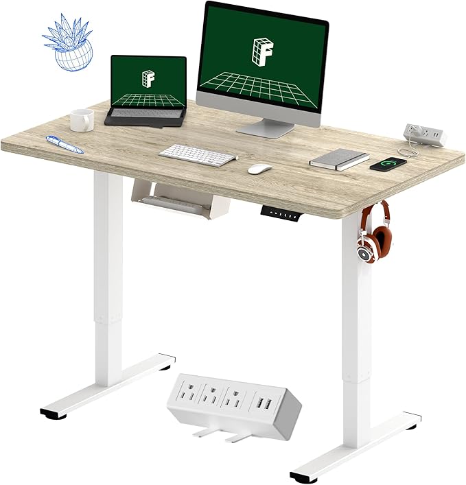 FLEXISPOT EN2 Whole-Piece Standing Desk with Clamp Power Strip, 48 x 24 Electric Stand Up Height Adjustable Desk with Cable Management (White Frame + 48" White Wood Grain Desktop)-DeskLoop Office