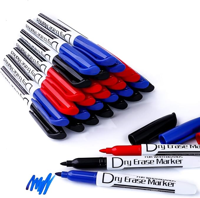 Volcanics Dry Erase Markers Low Odor Fine Whiteboard Markers Thin Box of 30, 3 Colors-DeskLoop Office