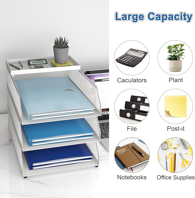 Natwind 3-Tier Stackable Paper Tray, Metal Mesh Desktop Organizer, Paper Sorter, Letter Trays,File Document Storage Rack for for Home, Office, School (White)-DeskLoop Office