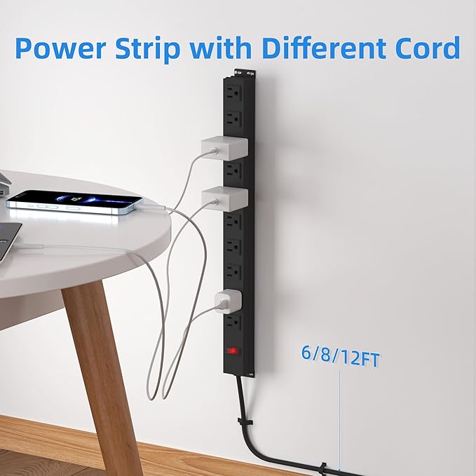 10 Outlet Metal Power Strip,8FT Long Extension Cord Heavy Duty for Kitchen,Office,School,Commercial,Workshop,Industrial,ETL Certified and Listed Socket,1825W/125V/15A,Black(8FT)-DeskLoop Office